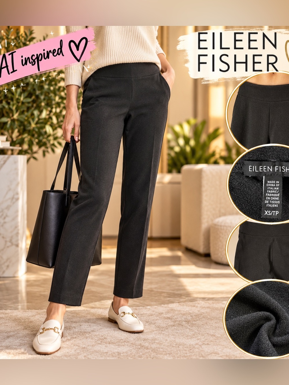 Eileen Fisher Black Straight-Leg Pull-On Trousers
